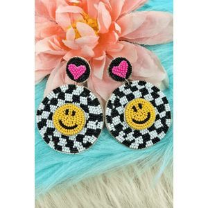 Black and White Checker Happy Face Seed Bead Earrings